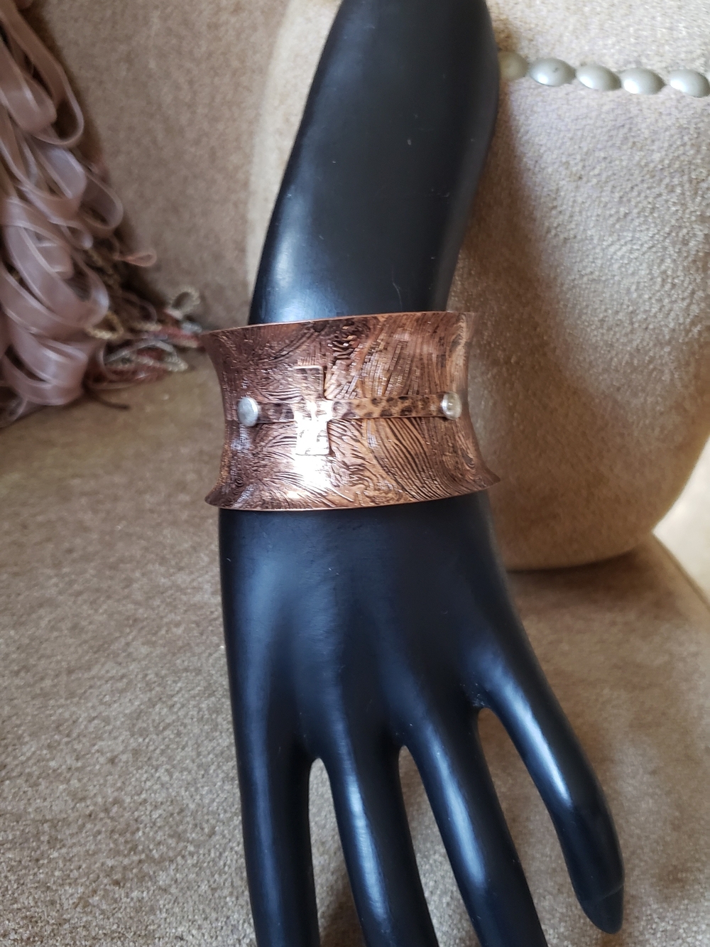 Wide Hammered Copper Tone Cross Cuff Bracelet